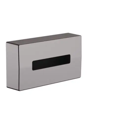 Kosmetiktuchbox in gebürstetem Schwarzchrom von Hansgrohe, mit rechteckiger Form und schmalem Schlitz an der Vorderseite für einfachen Zugang zu den Tüchern.